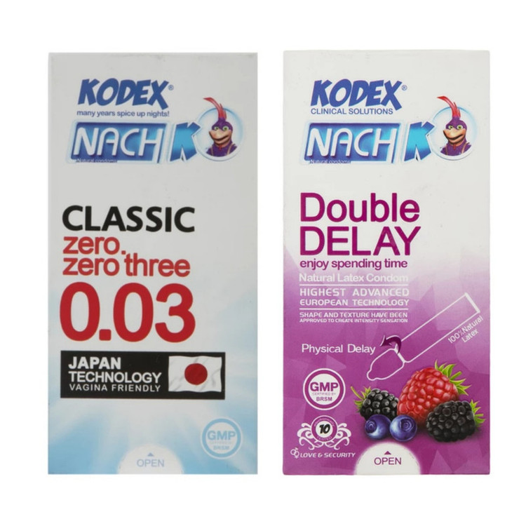 کاندوم ناچ کدکس مدل 0.03 بسته 10 عددی به همراه کاندوم تاخیری ناچ کدکس مدل Double Delayبسته 10 عددی